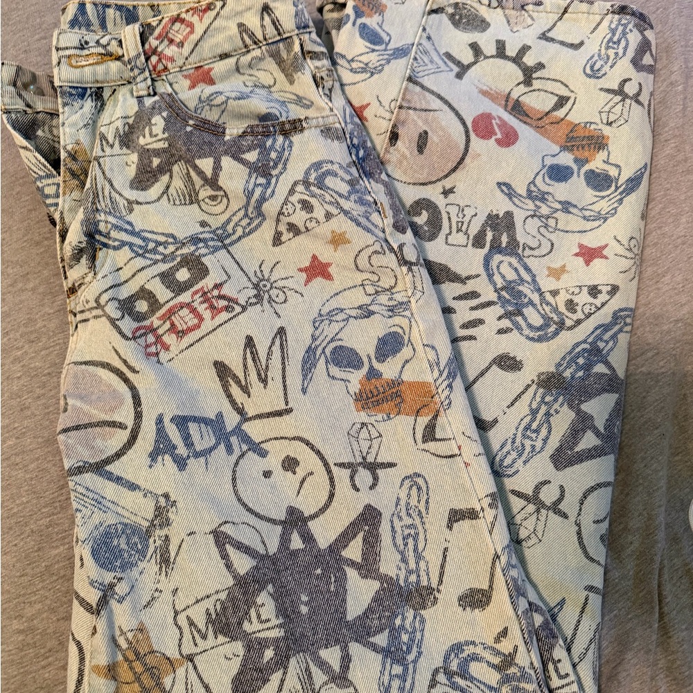 SHEIN Artistic Graphic Boot Cut Pants - Blue and Beige